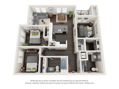 Floor plan for 3 beds, 2 baths, 1050 sqft